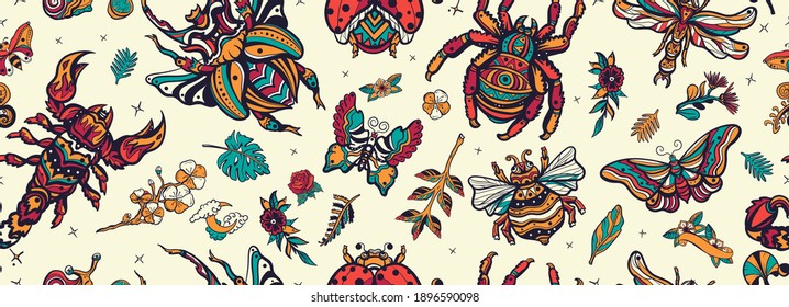 Insects background. Stag beetle, bee, bumblebee, butterfly, snail, scorpion, ladybug, spider, dragonfly. Old school tattoo vector seamless pattern 