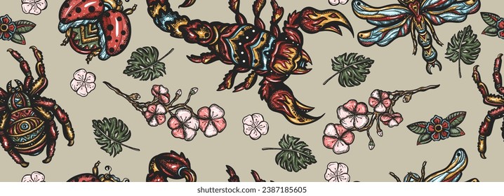 Insects background. Stag beetle, bee, bumblebee, butterfly, snail, scorpion, ladybug, spider and dragonfly. Old school tattoo vector seamless pattern