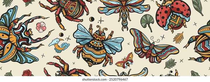 Insects background. Stag beetle, bee, bumblebee, spider and dragonfly, butterfly, ladybug. Old school tattoo vector seamless pattern