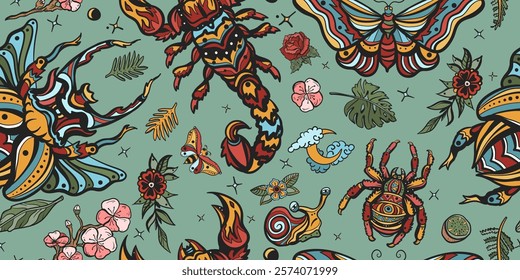 Insects background. Stag beetle, bee, spider and butterfly. Old school tattoo vector seamless pattern