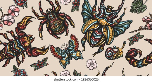 Insects background. Stag beetle, butterfly, snail, scorpion and spider. Old school tattoo vector seamless pattern 