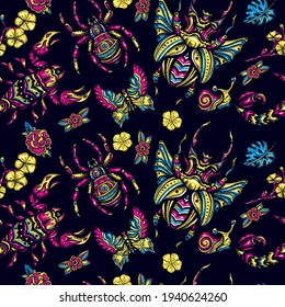 Insects background. Stag beetle, butterfly, snail, scorpion and spider. Old school tattoo vector seamless pattern 