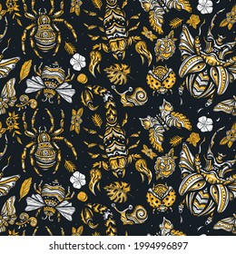 Insects background. Vector dark seamless pattern. Stag beetle, butterfly, snail, scorpion and spider