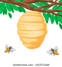 Insects bees collect honey, pollinate a plant, a tree branch with a hive, a beehive house of bees, wild insects in nature. Vector isolated object on white background. Cartoon flat style illustration