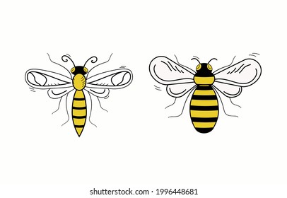 Insects, bees, wasps. Set. Doodle style. Vector illustration. White isolated background.