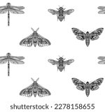 Insects. Beetle, moth, dragonfly, bee. Vector illustration. Seamless lace pattern