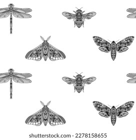 Insects. Beetle, moth, dragonfly, bee. Vector illustration. Seamless lace pattern