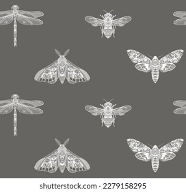 Insects. Beetle, moth, dragonfly, bee. Vector illustration. Seamless lace pattern