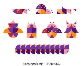 Insects, beetles, bugs, caterpillar. Vector illustration, clip art colorful. Background. Decorativ Style Kids Apparel Design, Nursery Childish pattern. 