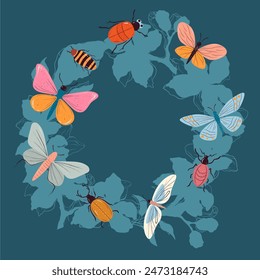 Insects beetles butterflies on flowers isolated concept. Vector graphic design illustration