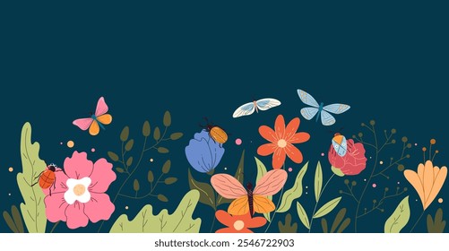 Insects beetles butterflies on flowers isolated concept. Vector graphic design illustration