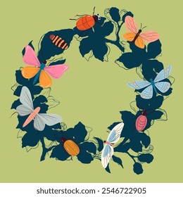 Insects beetles butterflies on flowers isolated concept. Vector graphic design illustration