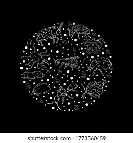 Insects. Black background. Vector isolated illustration with insect. Design for biology books. Insects. Butterfly, ant, beetle, ladybug, caterpillar, bee. Printing on paper. 