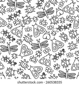 Insects black and white vector seamless pattern