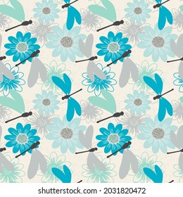 Insects blue dragonflies and chamomile flowers. Seamless cute pattern with modern for fabrics, trendy textiles, wrapping paper, decorative pillows. Vector.