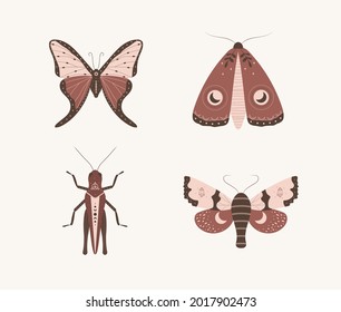 Insects in bohemian style. Abstract hand drawn moth, butterfly and grasshopper with moon and stars. Set of alchemy esoteric symbols. Vintage vector illustration.