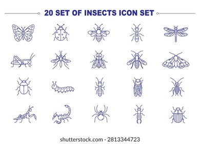 Insects bug web line icons set spotted ladybug beetle praying mantis insect honey bee hive jumping grasshopper pest crawling centipede bug stinging wasp hornet  more vector
