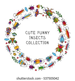 Insects bugs beetles fly butterfly colorful doodle drawings as round decoration border