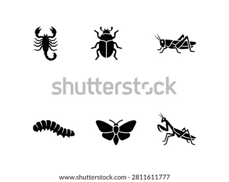 Insects and bugs black silhouette glyph icons set isolated on white background - Creepy crawly bugs vector graphic collection featuring scorpion and mantis icons