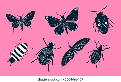 Insects bugs and butterflies flat simple style isolated set. Vector graphic design illustration element