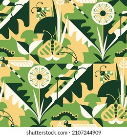 Insects, bugs geometric vector seamless pattern