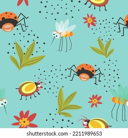 Insects and bugs, mosquito and acarus. Nature fauna and flora, leaves of plants and branches with foliage. Spring and summer. Seamless pattern, wallpaper or background print. Vector in flat style