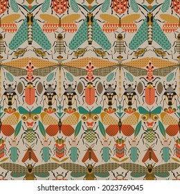Insects, butterflies, beetles, dragonflies in a seamless pattern for textile or background