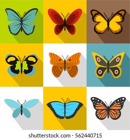 Insects butterflies icons set. Flat illustration of 9 insects butterflies vector icons for web
