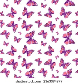 Insects, butterfly pattern, background, purple pink spring mood pattern. Gentle seamless pattern with butterflies for backgrounds and packages.