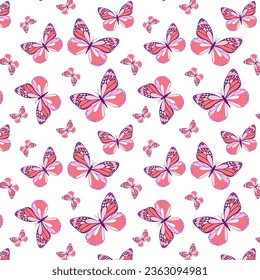 Insects, butterfly pattern, background, purple pink spring mood pattern. Gentle seamless pattern with butterflies for backgrounds and packages.