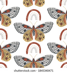 Insects butterfly and rainbow seamless vector pattern. Mystic moth background. Bohemian vintage mystic graphic. Elegant trendy print.