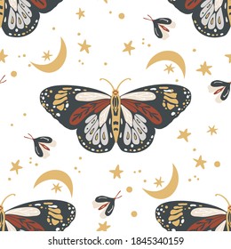 Insects butterfly seamless vector pattern. Mystic moth background. Bohemian vintage mystic graphic. Elegant trendy print.