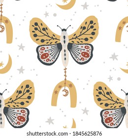 Insects butterfly seamless vector pattern. Mystic moth background. Bohemian vintage mystic graphic. Elegant trendy print.