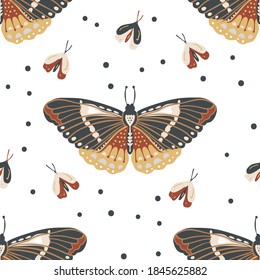 Insects butterfly seamless vector pattern. Mystic moth background. Bohemian vintage mystic graphic. Elegant trendy print.