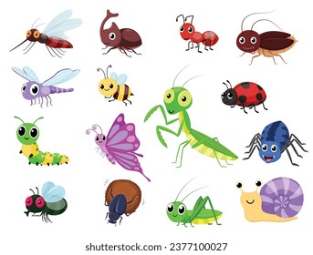 Insects cartoon collections, cute butterfly, ant, fly, bugs, bee, dragonfly, spider, ladybug, grasshopper, caterpillar, worm, snail and beetle