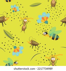 Insects characters with funny faces, ants and honeybees flying to flower. Bee and beetle or bugs. Flora and fauna of wilderness. Seamless pattern, wallpaper or background print. Vector in flat style