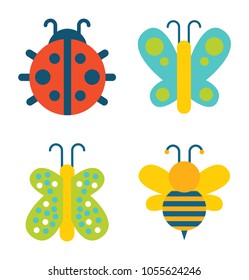 Insects collection of creatures, ladybug and butterfly with colorful wings, bee with antenna, set vector illustration isolated on white background