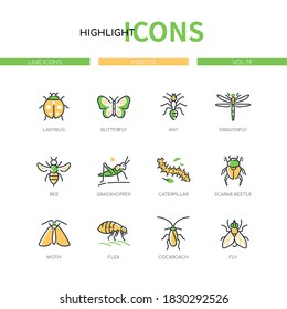 Insects collection - modern line design style icons set on white background. Images of ladybug, butterfly, ant, dragonfly, bee, grasshopper, caterpillar, scarab beetle, moth, flea, cockroach, fly