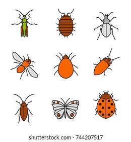 Insects color icons set. Grasshopper, woodlice, ground beetle, honey bee, mite, cockroach, butterfly, ladybug. Isolated vector illustrations