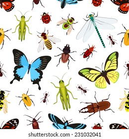 Insects colored seamless pattern with grasshopper wasp butterfly vector illustration