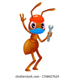 Insects, colorful cartoon style ant wearing a face mask, holding a wrench
