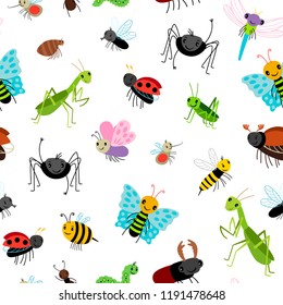 Insects colorful pattern with bugs, butterfies and spiders on white background, vector illustration