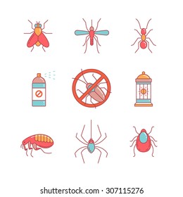 Insects control, anti pest emblem, insecticide, thin line icons set. Modern flat style symbols isolated on white for infographics or web use.