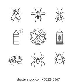 Insects control, anti pest emblem, insecticide, thin line art icons set. Modern black symbols isolated on white for infographics or web use.