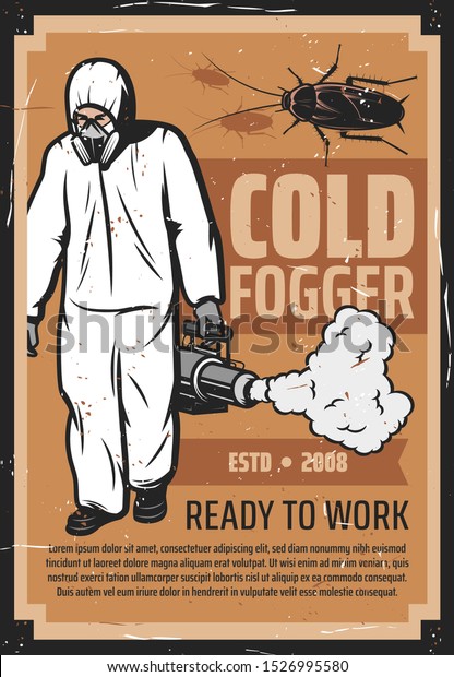 Insects control, exterminator in uniform\
with pest and mosquito cold fogger. Man in chemical protective\
suit, deratization and disinsection. Cockroach silhouette, fight\
with bugs,\
disinfection
