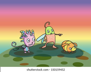 Insects creatures looking at horizon. Cartoon.