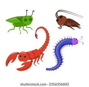 Insects and crustaceans characters vector illustrations set. Collection of cartoon drawings of creepy comic scorpion, cockroach, centipede and grasshopper. Insects, nature, wildlife, Halloween concept