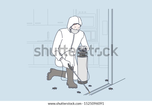 Insects disinfection service cartoon concept. Pest\
control worker killing cockroaches with poisonous gas, man in\
protective uniform, rubber boots with professional equipment.\
Simple flat vector