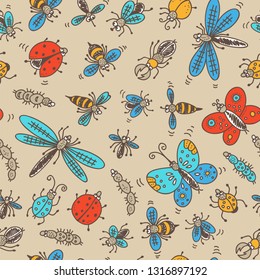 Insects doodle seamless pattern, vector color background with bug, fly, butterfly, ladybug, dragonfly, wasp, centipede