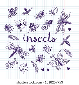 Insects doodle set, vector collection on note background